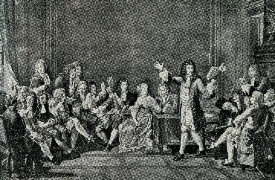 Molière présente sa pièce Tartuffe dans le salon de Ninon de L'Enclos devant une assemblée de courtisans et d'aristocrates du XVIIe siècle